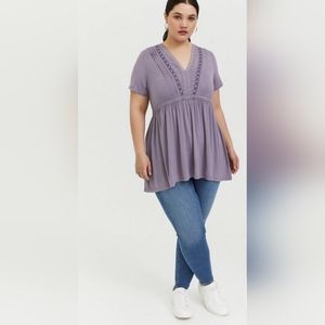 Torrid - size 2 - Super Soft Slate Grey Embroidered Pintuck Babydoll Top